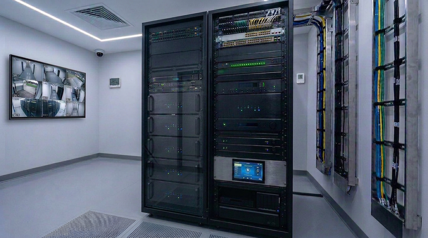Climate-controlled AV and home automation rack room with security monitoring display and dome camera