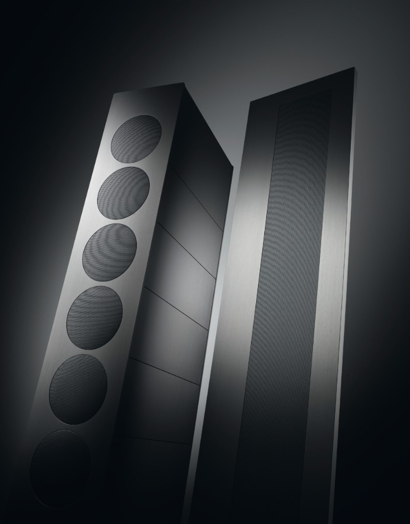 Floorstanding loudspeakers, tall brushed-metal towers